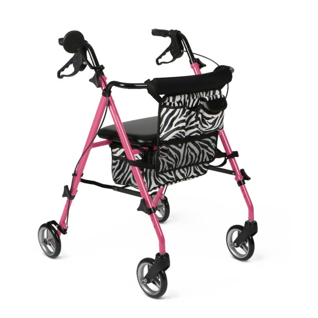 The Medline Posh Pink Zebra Rollator is a lightweight, four-wheeled rollator featuring ergonomic brake handles, a small seat, and a zebra-patterned storage pouch beneath the seat for convenient mobility support.